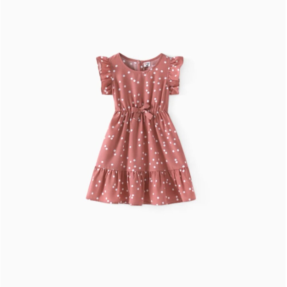 All Over Dots Pink Cross Wrap V Neck Ruffle Flutter-sleeve Kid Girl Dress